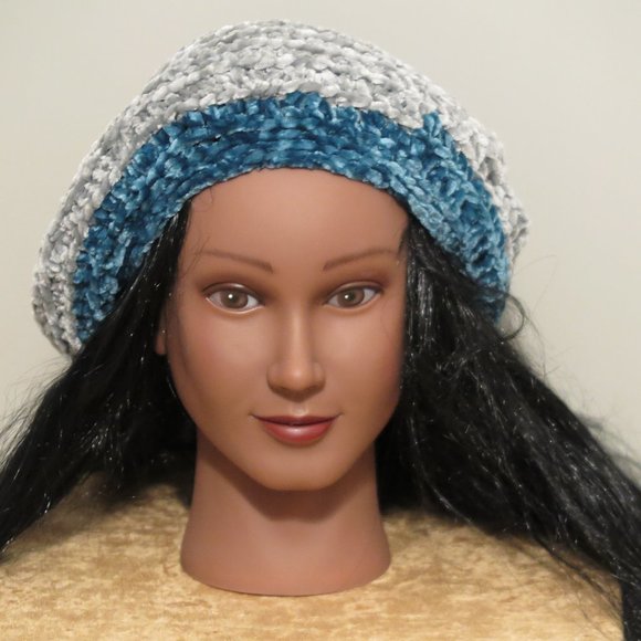 HANDMADE Soft Blue Gray Teal Slouchy Crocheted Hat - Picture 2 of 8